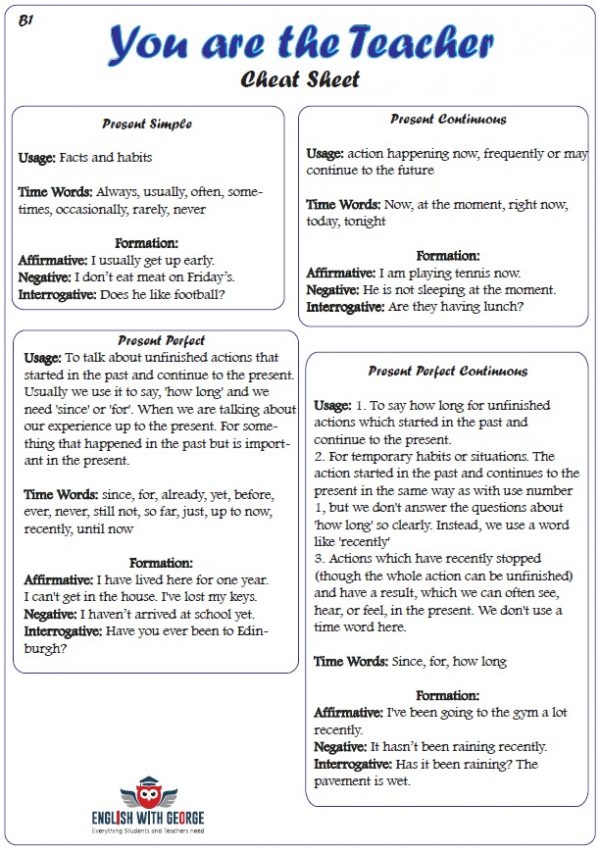 You are the Teacher! B1 Level Cheat sheet www.EnglishWithGeorge.com